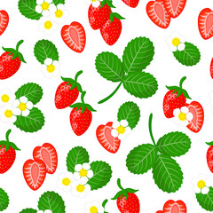 Vector cartoon seamless pattern with Fragaria vesca or wild strawberry exotic fruits flower and leaf on white background