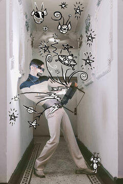 Retro Futuristic Sci-fi Male Fashion with Man Interface with Gadget