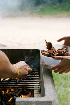 Steaks and skewers on barbecue
