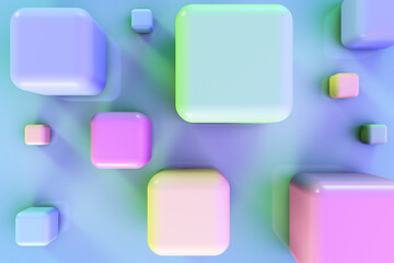 Rounded multi-colored cubes of different sizes on a blue surface. View from above.