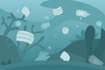 Underwater waste pollution at pandemic coronavirus Covid-19. Underwater pollution with face mask, gloves, and medical waste. Coronavirus impact ocean pollution problems.  Infographic, poster.
