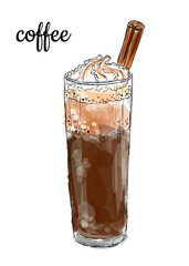 A glass of coffee with a cinnamon stick and cream, cappuccino, coffee cocktail. Hand drawing, sketch on a white background