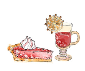 Strawberry pie and mulled wine with a slice of orange and cloves on a white background