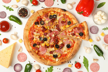 Pizza with meat and ingredients on white background