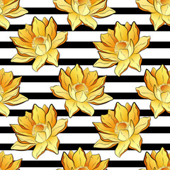 Seamless pattern. Yellow lotuses on a striped black and white background