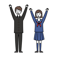 バンザイして走る男女中高生　学ラン＆セーラー服