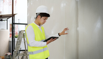 Engineer working on building site with digital tablet.