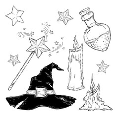 The hat of a witch, magic wands, candles, stars and a bottle.A collection of magical attributes. Hand drawing, illustration, print