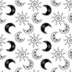 Seamless pattern of moons and sun with ornament on white background