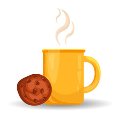 Yellow cup of coffee and tea with chocolate biscuits, morning, breakfast
