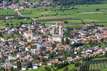 Aerial view of Malles Venosta and Clusio on a sunny day, South Tyrol, Italy