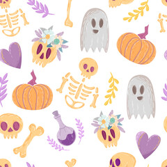 Skeleton, ghost, pumpkin and bones with flowers on a white background. Seamless pattern, Halloween Illustration