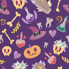 Skulls, potions, witch hats, flowers and pumpkins on a purple background. Halloween seamless pattern