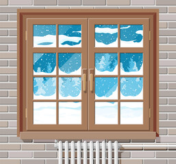 Winter window with brick wall, view from the room. Empty sill. Warm cozy interior. Christmas landscape, hills, snow, spruce forest and falling snow. Cartoon flat vector illustration.