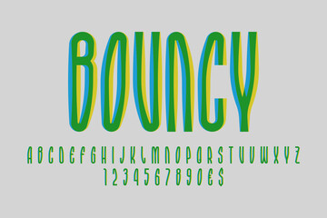 Bouncy artistic display font. Flexible yellow green blue letters, numbers and currency signs. Isolated vector english alphabet.