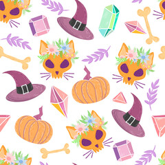 Witch cat, pumpkins and bones on a white background. Seamless Halloween Pattern, Cartoon Style