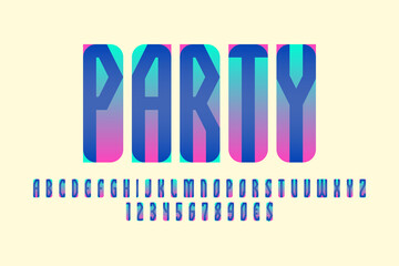 Party artistic display font. Parted pink green blue letters, numbers and currency signs. Isolated vector english alphabet.