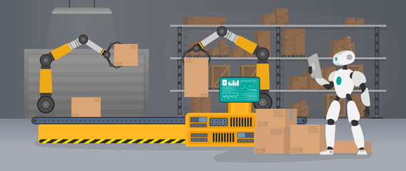 The robot stands with cardboard boxes near the conveyor line. Conveyor system in flat design. Vector.