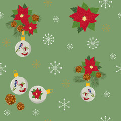 Seamless vector illustration with poinsettia flowers, spruce branches, cones and Christmas balls