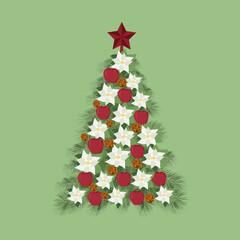 Vector illustration of a Christmas tree decorated with apples and flowers poinsettia
