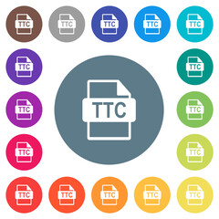 TTC file format flat white icons on round color backgrounds