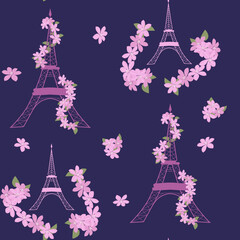 Fototapeta na wymiar Seamless pattern with Eiffel tower and Clematis flowers