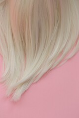 Blond hair concept . Blond Hair Texture.  A lock of white hair on a light pink pastel background.Hairdressing background. Palette blonde shades.Care and restoration of light hair.