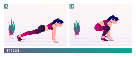 Frogger exercise, Women workout fitness, aerobic and exercises. Vector Illustration.