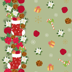 Seamless vector Christmas illustration with gifts, apples, fir branches, New Year's sock.