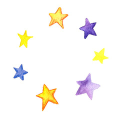 Fototapeta na wymiar illustration of a watercolor round frame made of stars of blue, purple and yellow colors. on a white background drawn by hand. place for your text. for design, decoration, cards, invitations.