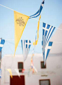 Greece banner flags hanging on the island of Mykonos Greece
