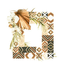 Watercolor boho set- hand painted frame of natural wood mosaic geometric tiles and tropic palm leaves, flowers of white orchid. illustration perfect for fabric textile, prints, cards for wedding