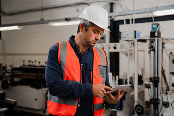 Caucasian engineer scrolling on digital tablet standing in factory