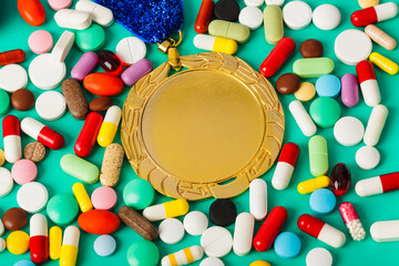Gold medal and pills on green