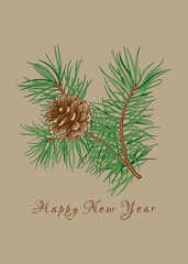 Botanical card with pine branch. Vector illustration. Beige background and colorful pattern.