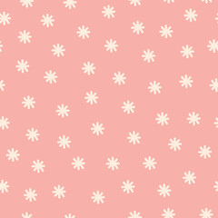 White snowflakes on pink background repeating pattern for printing. Christmas and New Year theme vector design.