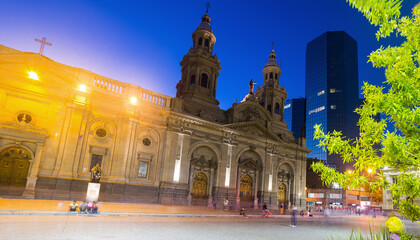 Fototapeta na wymiar Plaza de Armas view in evening with city lights in Santiago