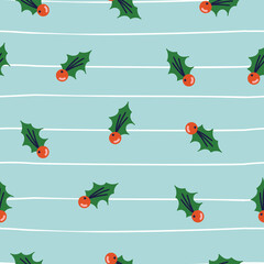 Pattern with red berries and green leaf on blue background Christmas theme. New Year vector design for printing.