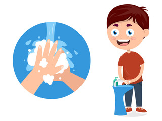 Fototapeta na wymiar little boy washing hands with liquid soap to prevent against viruses, cartoon vector illustration