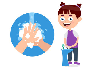 little girl washing hands with liquid soap to prevent against viruses, cartoon vector illustration