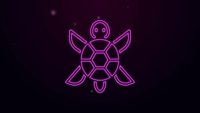 Glowing neon line Turtle icon isolated on purple background. 4K Video motion graphic animation.