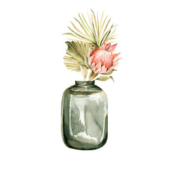Watercolor boho set- hand painted ceramic vase with bouquet of tropical palm leaves, flowers of protea, dried grass. illustration perfect for fabric textile, prints, home interior, design, cards