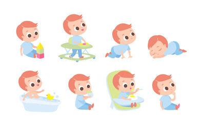 Fototapeta premium Big large set of baby toddlers in various poses, cartoon characters. Baby developing daily routine. Baby toddlers in different situations. Boy walks inBoy walks in baby walker..