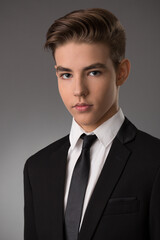 slim teen guy in stylish black suit with tie