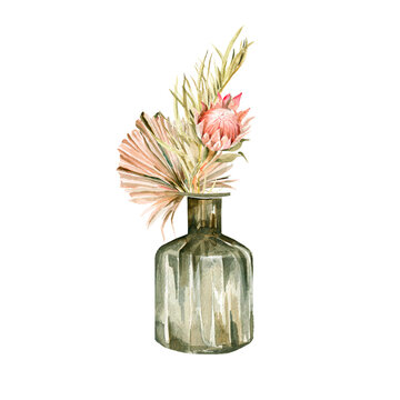 Watercolor boho set- hand painted glass vase with bouquet of tropical palm leaves, flowers, dried grass. illustration perfect for fabric textile, prints, home interior, design, cards