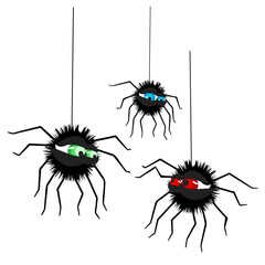 Spider isolated on white background. Cute angry black spiders hanging on a string of cobwebs. Animal character for the elements of flat designs to celebrate Halloween party. Stock vector illustration