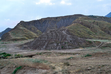 view of beautiful ancient dry hills, .volcanic mountains, summer Crimea landscape, Unique place on Earth