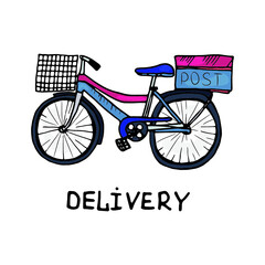 Cute hand drawn vector sketch of post bicycle. Colorful cartoon drawing