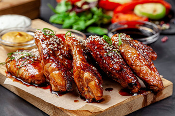 American cuisine. Fried chicken wings with tomato sauce and sesame seeds. Serving food in a restaurant on a wooden board.