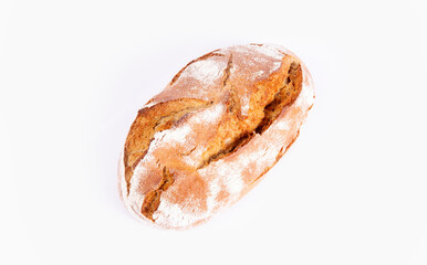 Loaf of bread isolated on white background. Rustic crunchy bread, tasty and natural. Top view.